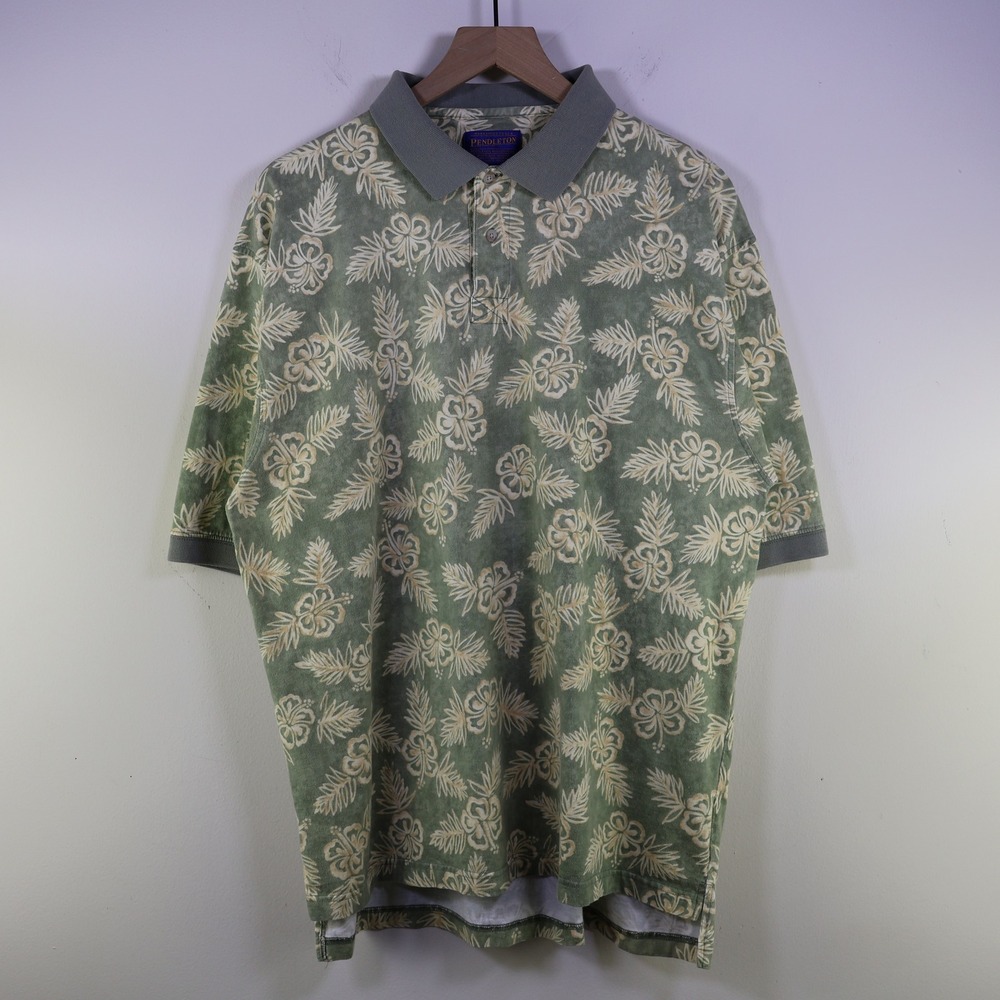Pendleton Tropical Hibiscus Floral Polo Shirt XL‎ Sage Green Cotton Mens